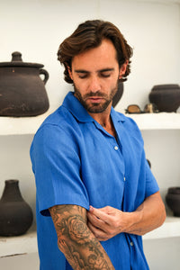 Blue Linen Half Sleeve Resort Collar Shirt
